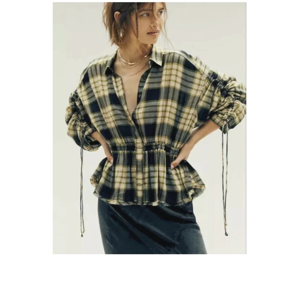 Free People Pacific Plaid Peplum Raw Hem Blouse XS